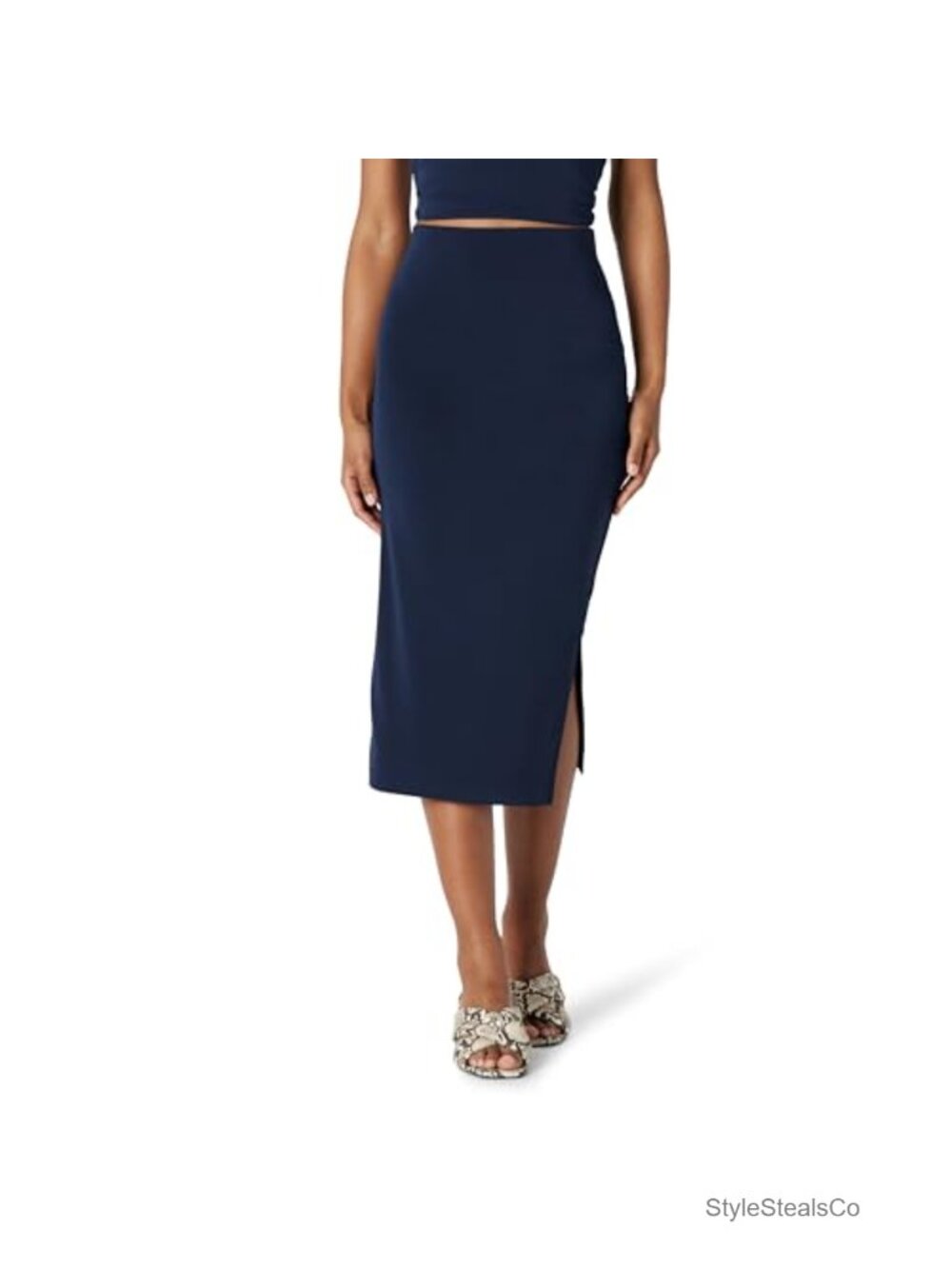 Women's Slim-Fit Ruched Matte Jersey Midi Skirt with Side Slit